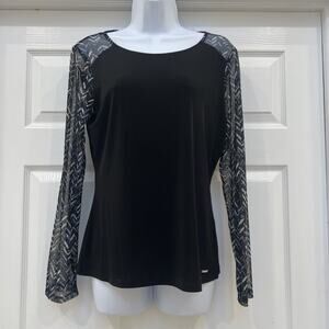 NWT Calvin Klein Women Medium M Shirt Black W/ Sheer Blue Animal Print Sleeves